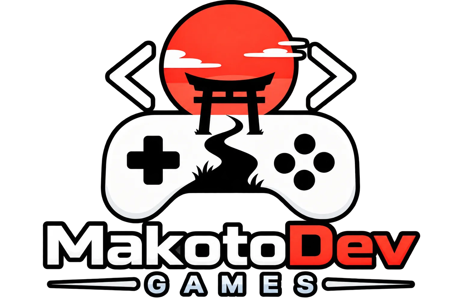 MakotoDev Games logo: a red rising sun and a torii gate above a game controller